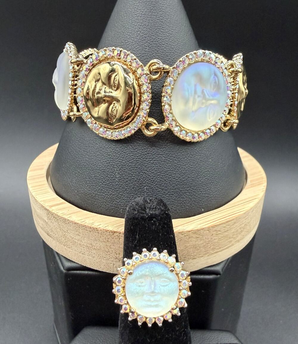Kirks Folly Seaview Moon/Angel Face Gold Tone Link Bracelet & Ring Set